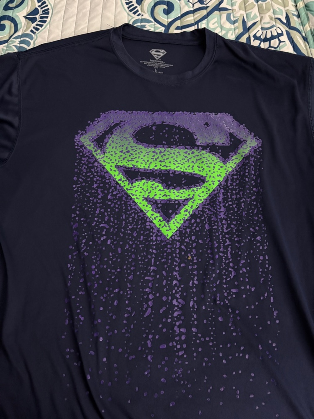 DC Comics Men's Short Sleeve Black Tee with Green and Purple Superman Logo